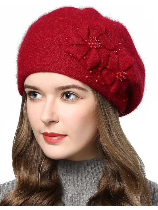 Women\'s Winter Knit Beret Hat Rabbit Hair French Warm Casual Beanie Hat Red main image 5